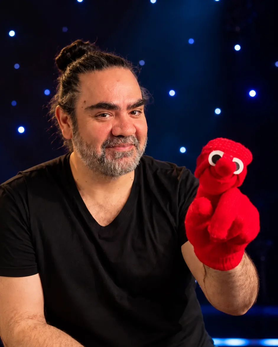 Francisco Obregón mit roter Handpuppe